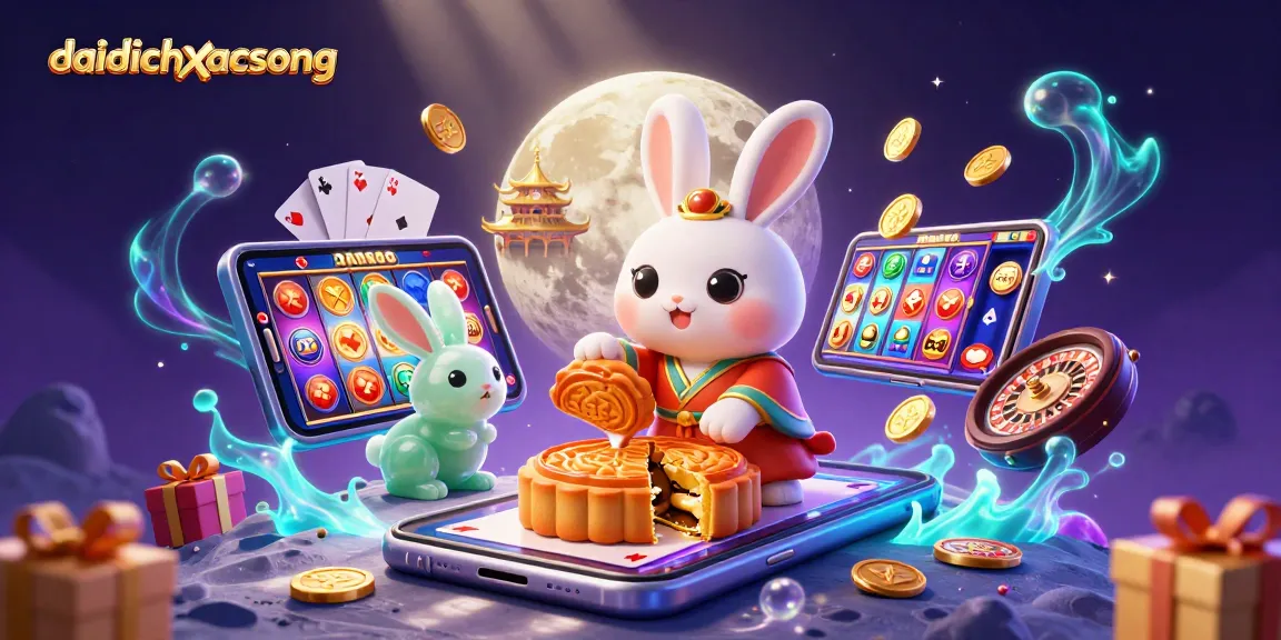 Daidichxacsong features a lunar scene where a moon rabbit reveals poker chips from mooncakes, surrounded by vibrant casino elements.