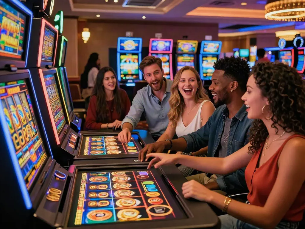 Friends celebrating at a vibrant casino table with colorful สล็อตเว็บตรง slot machines, showcasing excitement and luxury.