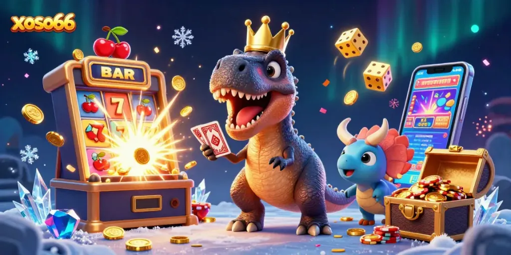 xoso66 brings excitement with dinosaurs shuffling cards and stacking chips in a vibrant casino scene.