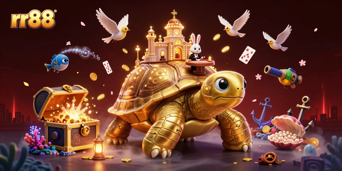 Experience the thrill of casino gaming at rr88 with a vibrant 3D illustration featuring gold tortoise and games.