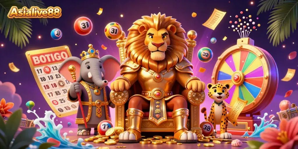Engage with Asialive88 through a vibrant 3D scene showcasing a dynamic casino atmosphere filled with lottery and bingo elements.
