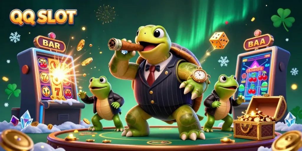 Experience the thrill of QQ SLOT with a cartoon turtle mobster and vibrant casino scenes.