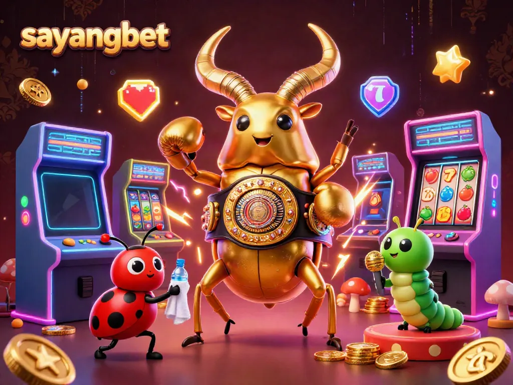 Experience the vibrant energy of sayangbet with a fantasy boxing match between a golden beetle and a ladybug, surrounded by casino elements.