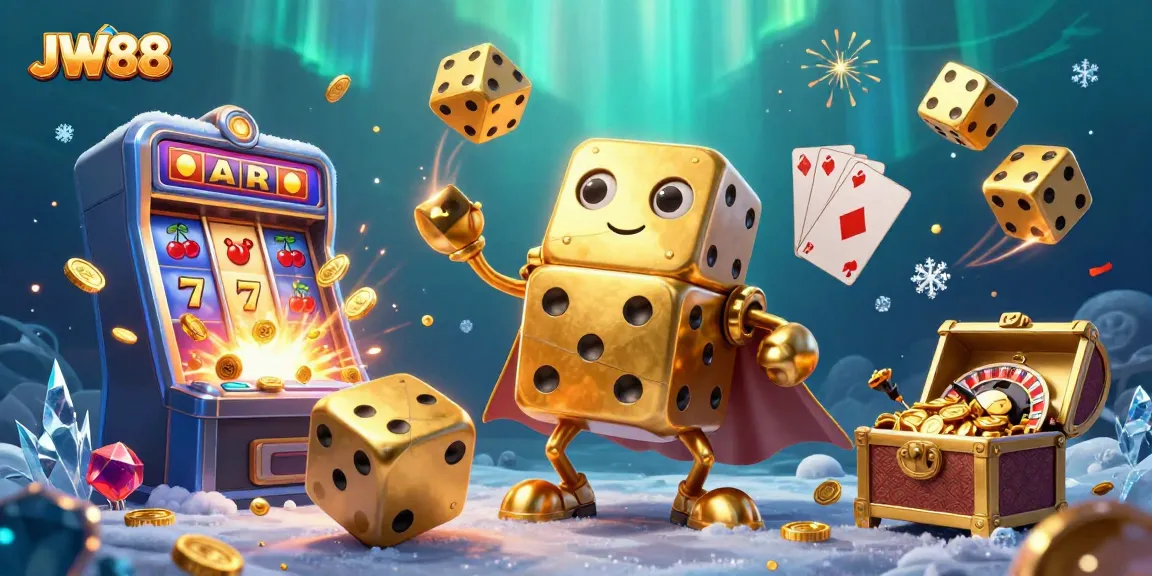 Experience JW88's vibrant casino atmosphere with dynamic gaming elements and golden dice.