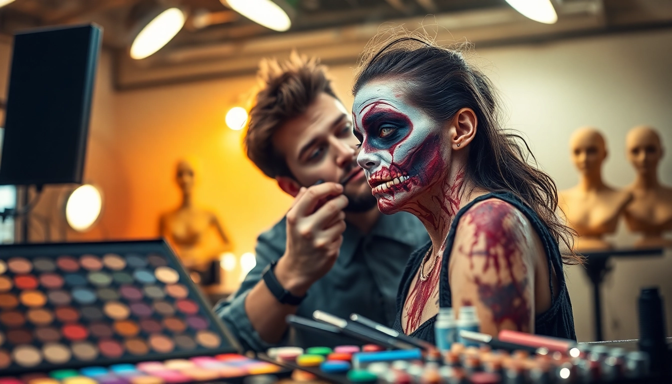 Applying special effects makeup Dallas TX to create a stunning zombie transformation.