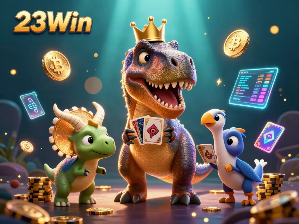 Engaging 3D scene showcasing 23Win with cartoon dinosaurs and vibrant crypto elements surrounding a lively casino atmosphere.