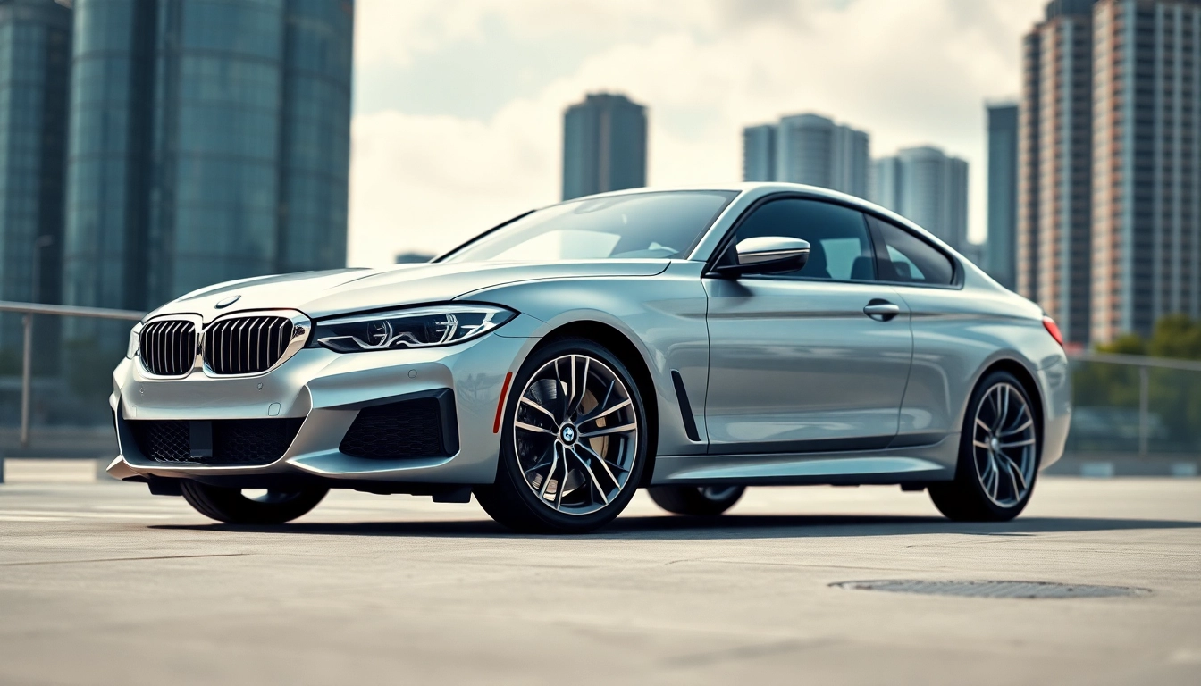 Showcasing a Luxury BMW car in an elegant urban setting, reflecting luxury and sophistication.