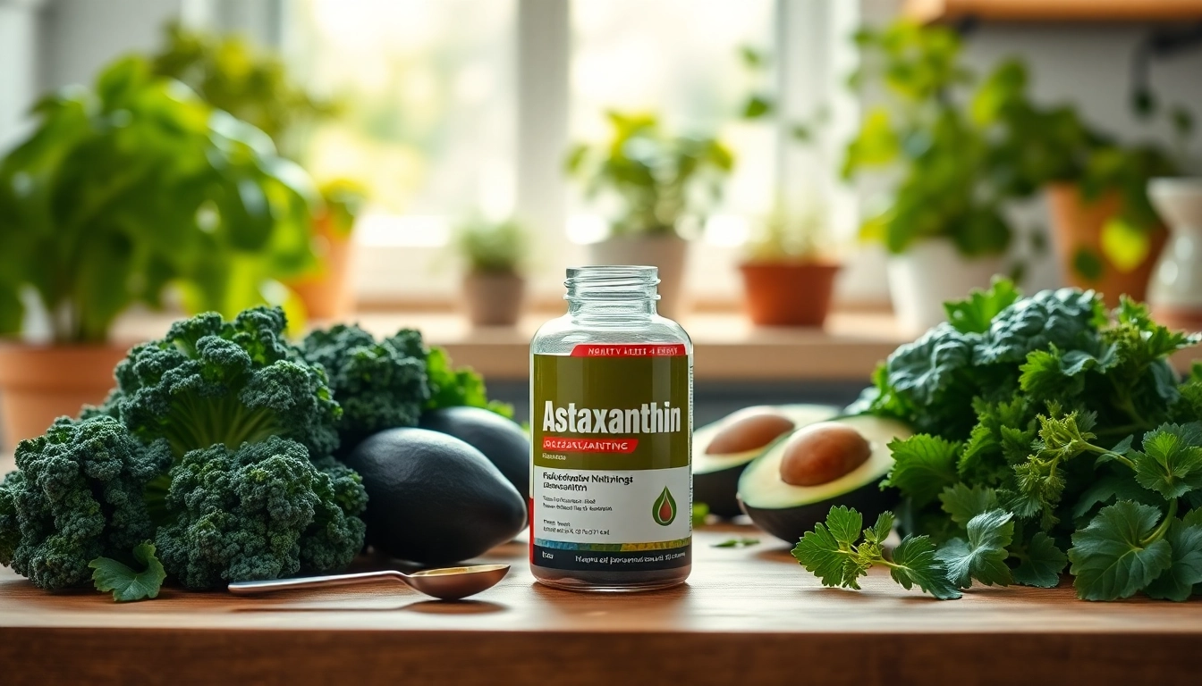 Analyze astaxanthin dosage guide with supplements and healthy vegetables on display.