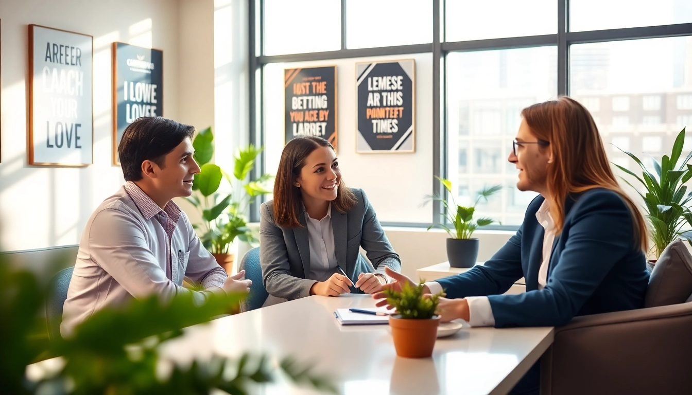Career coaching session with a professional coach and client in a bright office.
