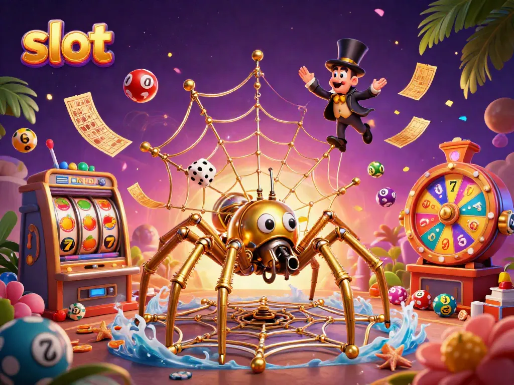 Slot mesin dengan laba-laba emas steampunk dan bola undian berwarna-warni, menciptakan suasana kasino yang menarik.