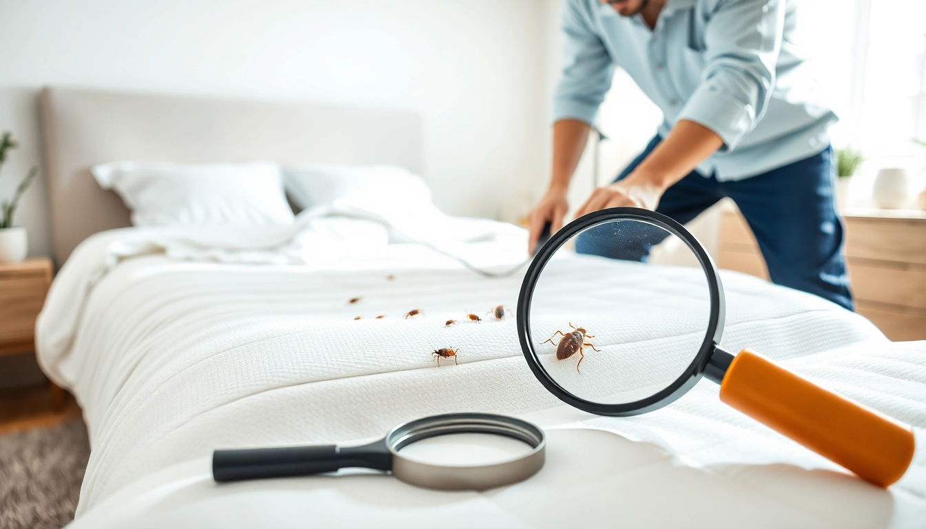 Expert conducting bed bug removal inspections in a well-lit bedroom environment.