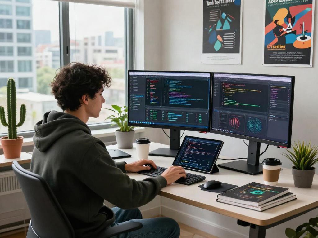 Engaged software engineer coding in a modern AI workspace showcasing designs for crush on ai with vibrant surroundings