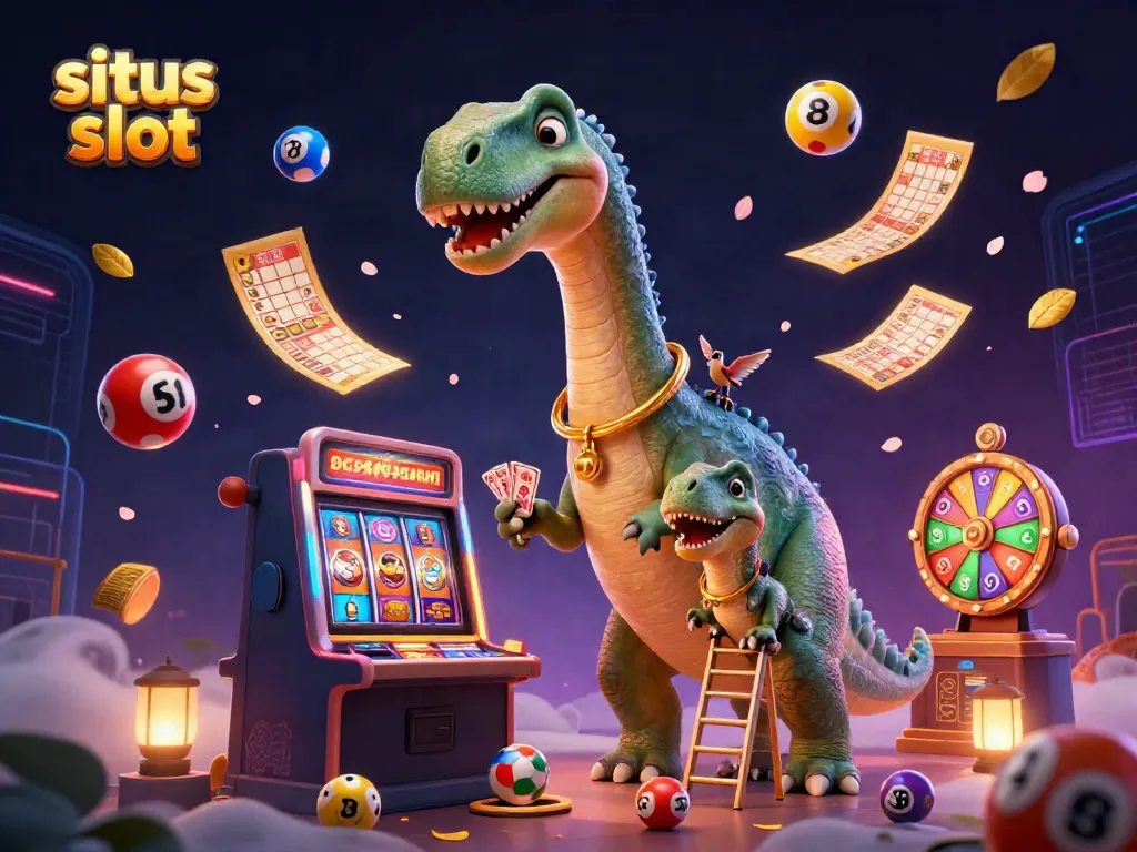Ilustrasi kartun 3D dari situs slot, menampilkan brontosaurus besar dengan mesin slot dan raptor sebagai dealer.