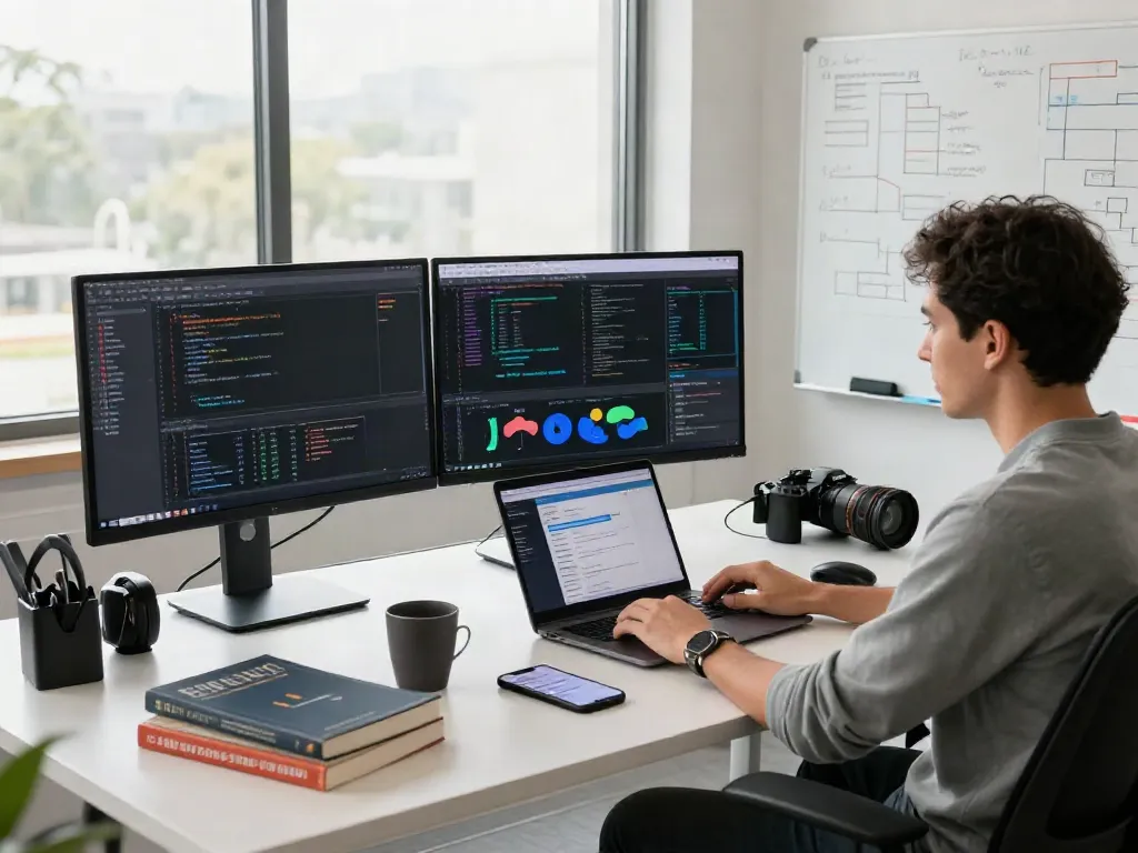 Developer bekerja di ruang kerja modern dengan ServerPG dan gadget teknologi canggih.