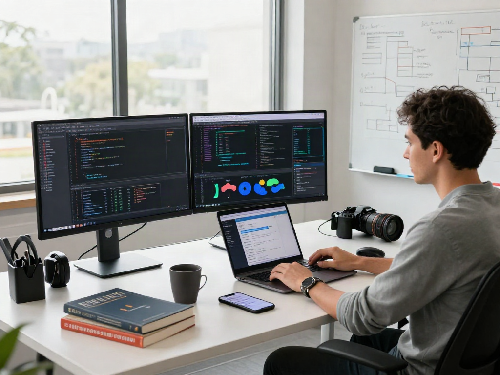 Developer bekerja di ruang kerja modern dengan ServerPG dan gadget teknologi canggih.