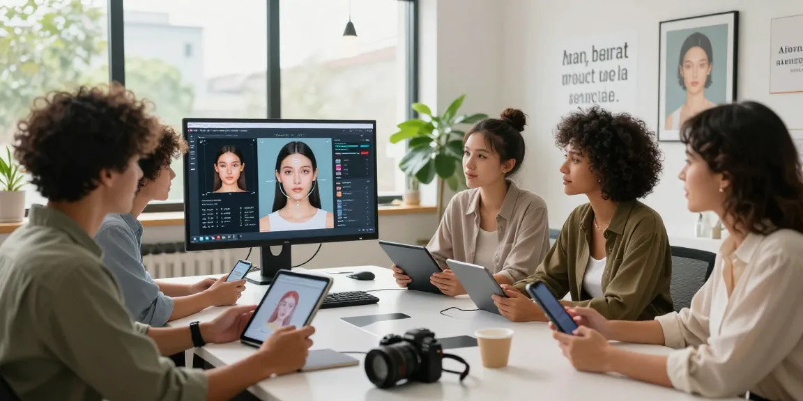 The scene showcases a test of attractiveness in a modern workspace where young individuals discuss their AI results enthusiastically.