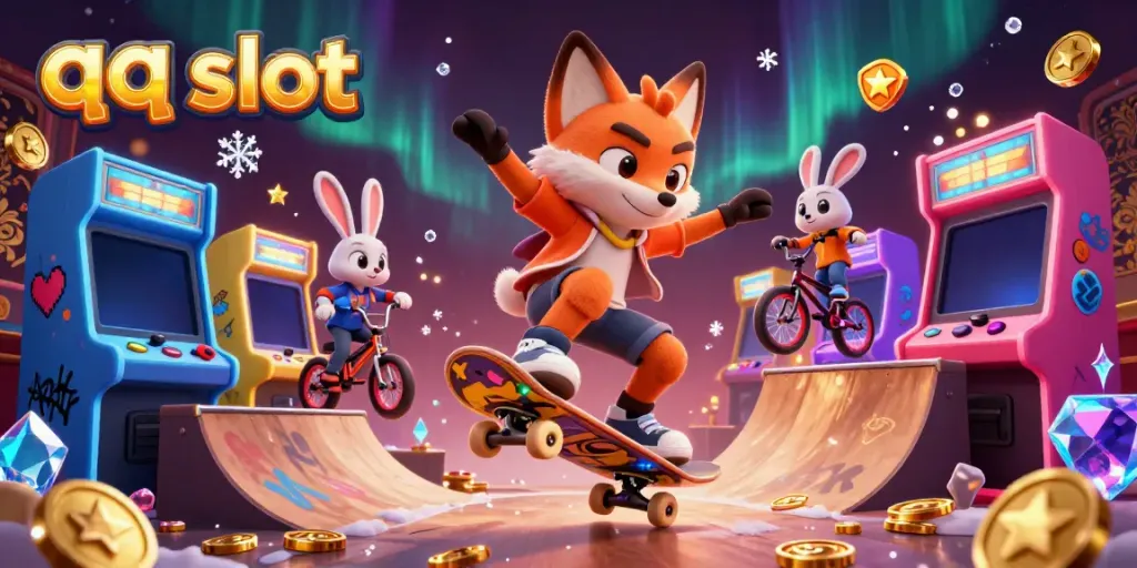 Experience the thrill of qq slot with a lively fox and rabbit in a colorful 3D casino scene.