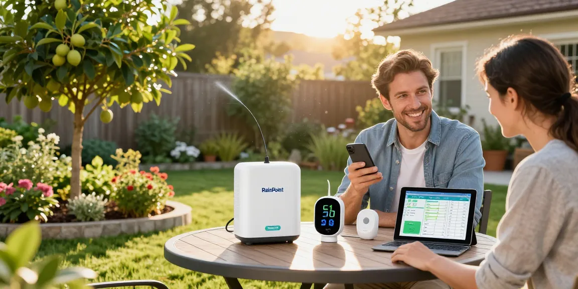 Homeowner setting up rainpoint wifi irrigation system in a vibrant garden.
