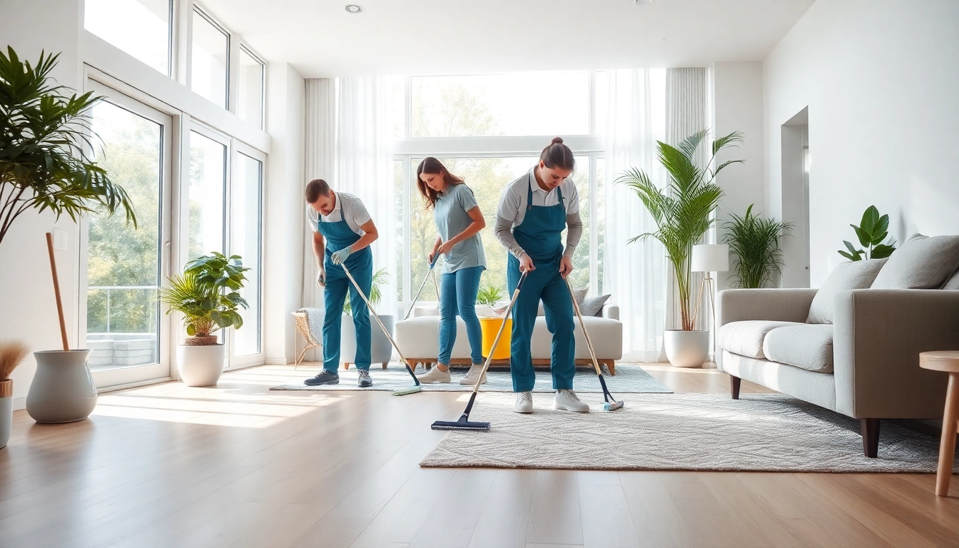 Expert team performing bond cleaning Logan services in a bright living room.