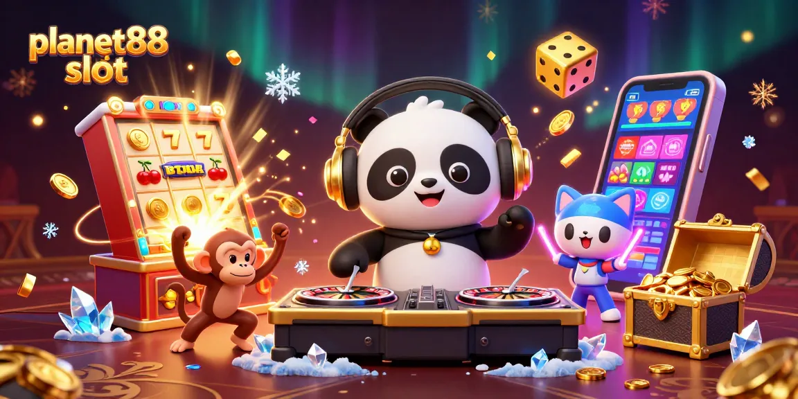 Experience excitement at planet88 slot with a DJ panda, dancing monkey and glowing kitten surrounded by slot actions.