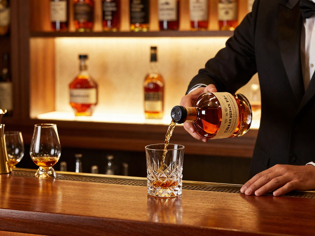 Blanton's Single Barrel Bourbon being poured into a glass, showcasing its exquisite color and quality in a cozy bar atmosphere.