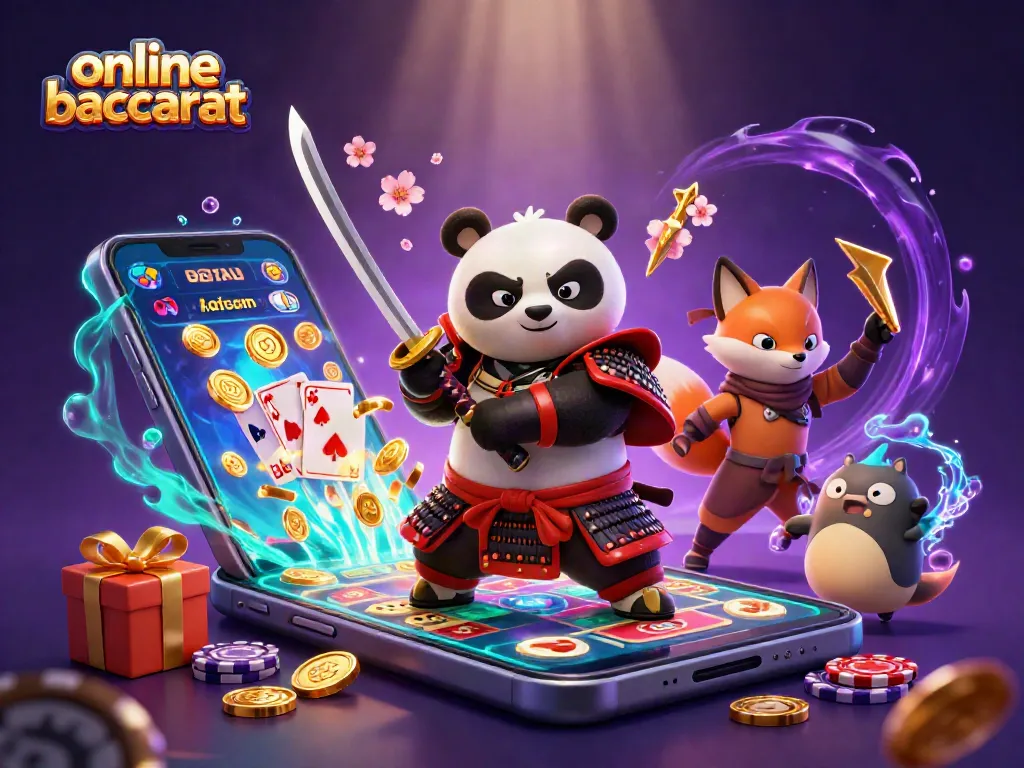 Experience the excitement of online baccarat with a dynamic scene featuring a samurai panda, ninja fox, and magical tanuki.