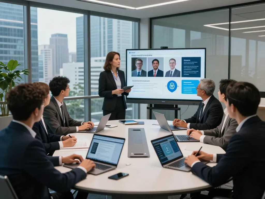 Deepfake protected meetings in a high-tech conference room with diverse professionals discussing security strategies.