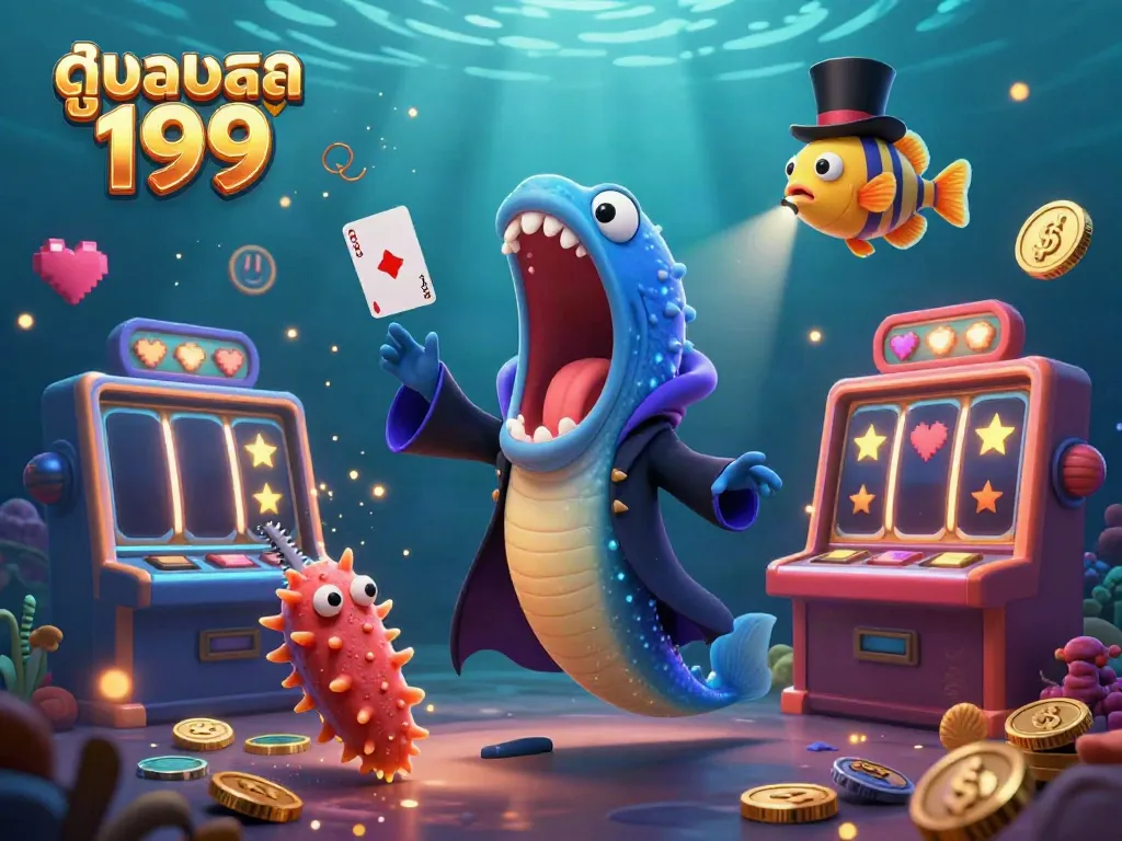 Engage in thrilling action with the skilled gulper eel performing card tricks in a magical underwater scene for ดูบอลสด 199.