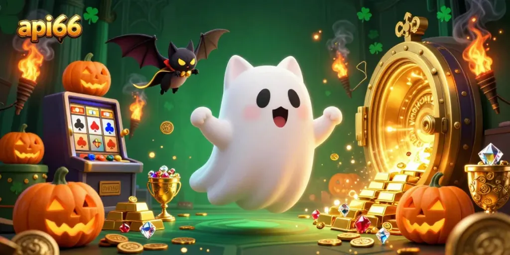 Experience the excitement of api66 with a ghost cat and vampire bat spinning through a haunted casino.